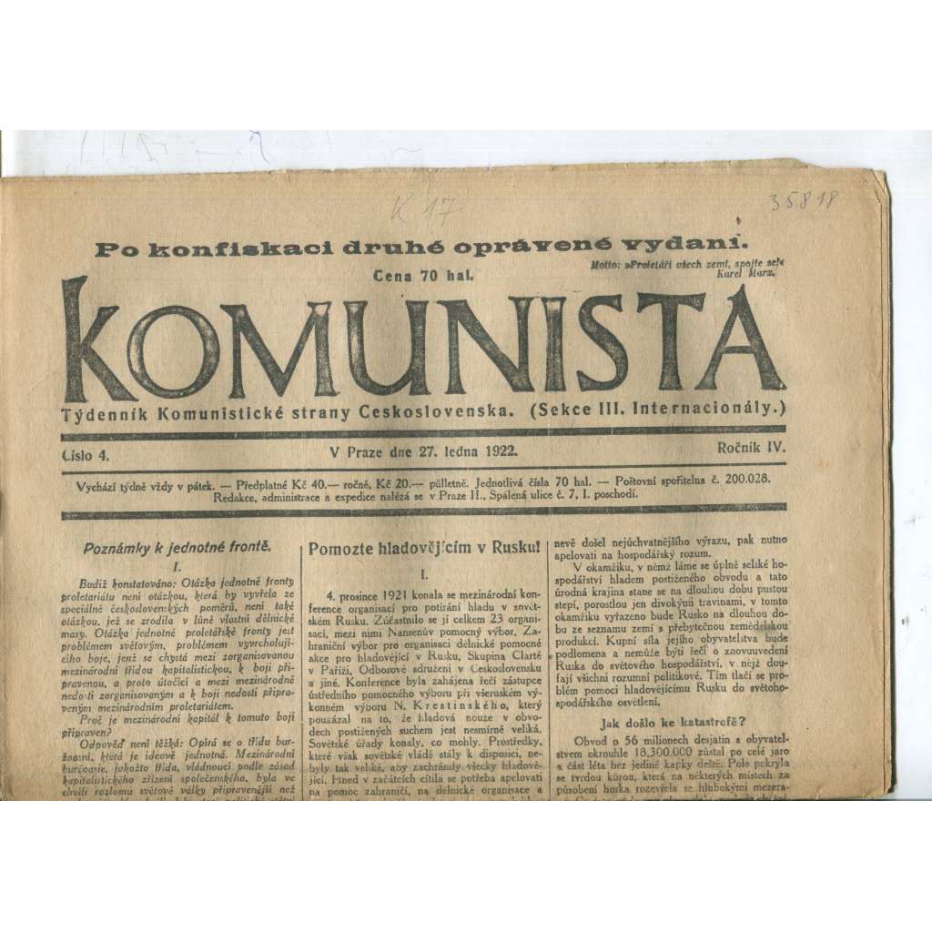 Komunista (27.1.1922) - staré noviny, 1. republika