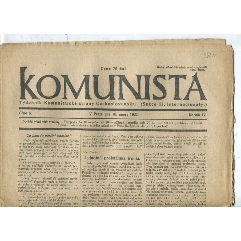 Komunista (10.2.1922) - staré noviny, 1. republika