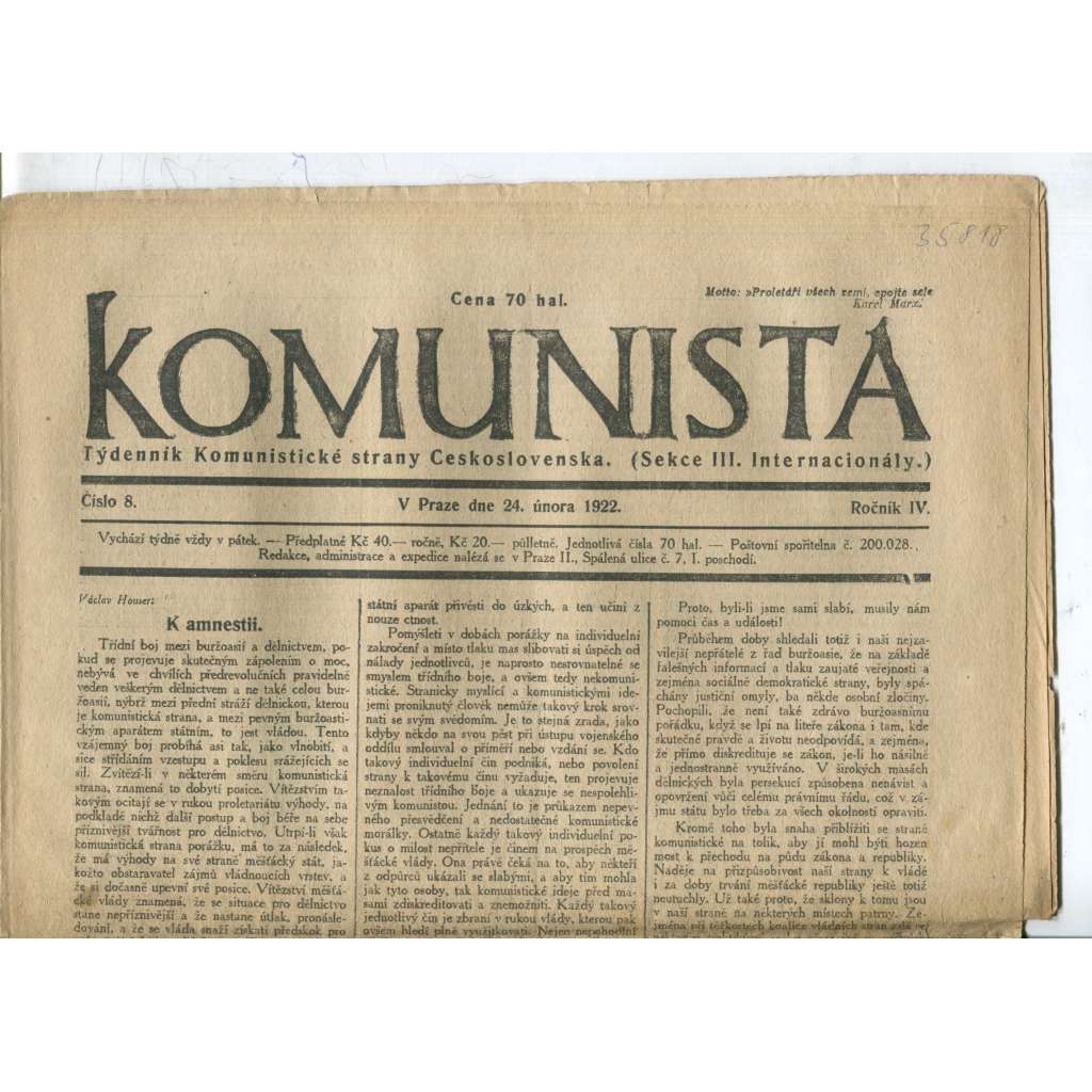 Komunista (24.2.1922) - staré noviny, 1. republika