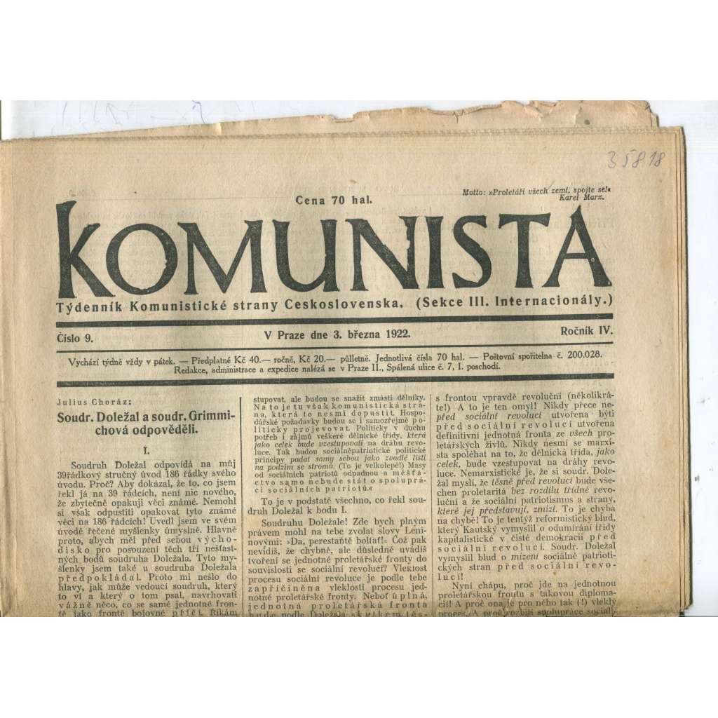 Komunista (3.3.1922) - staré noviny, 1. republika