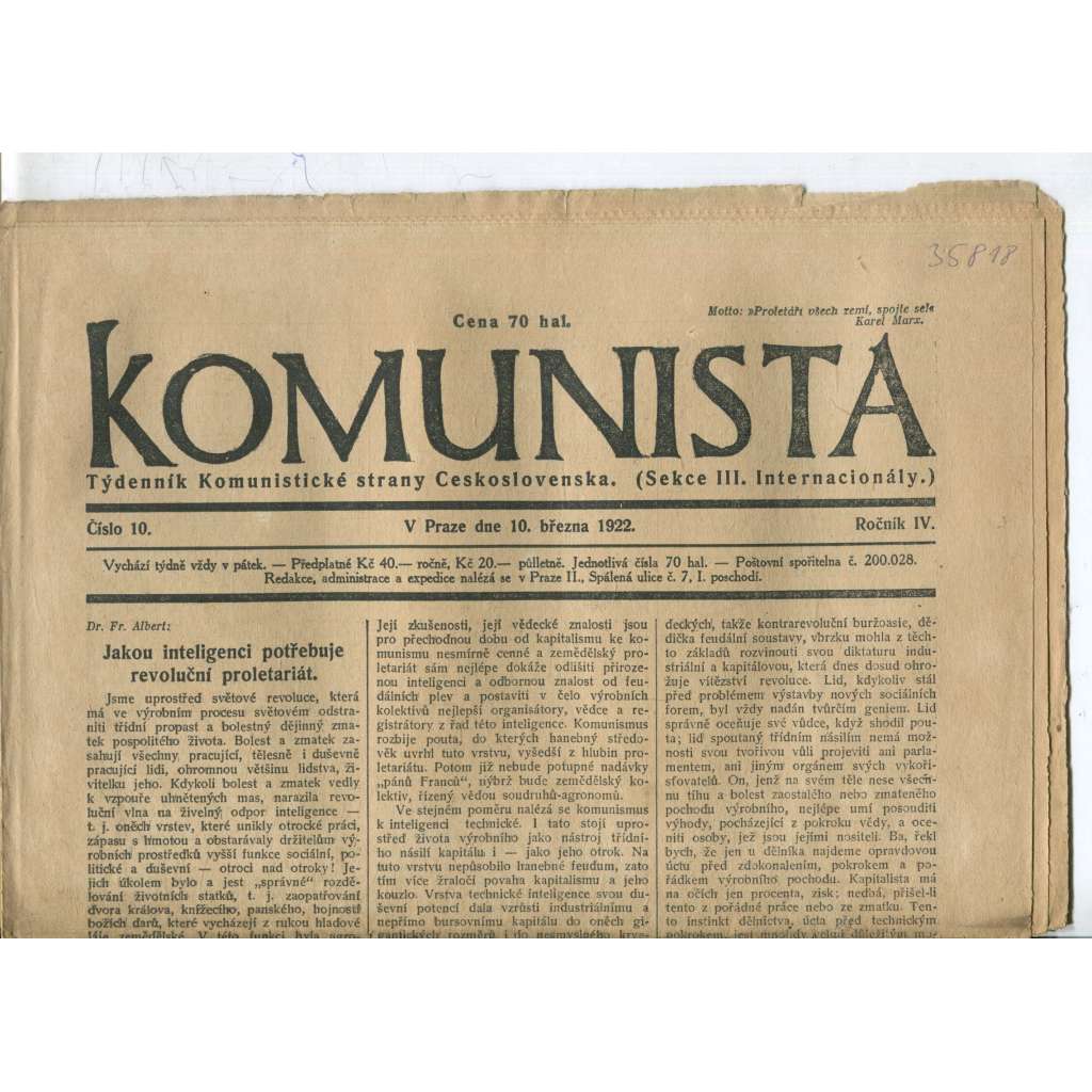 Komunista (10.3.1922) - staré noviny, 1. republika