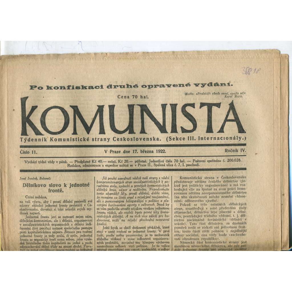 Komunista (17.3.1922) - staré noviny, 1. republika