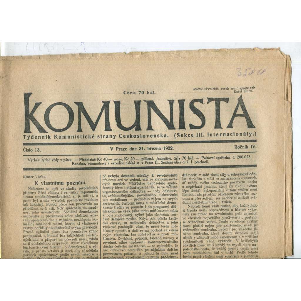 Komunista (31.3.1922) - staré noviny, 1. republika