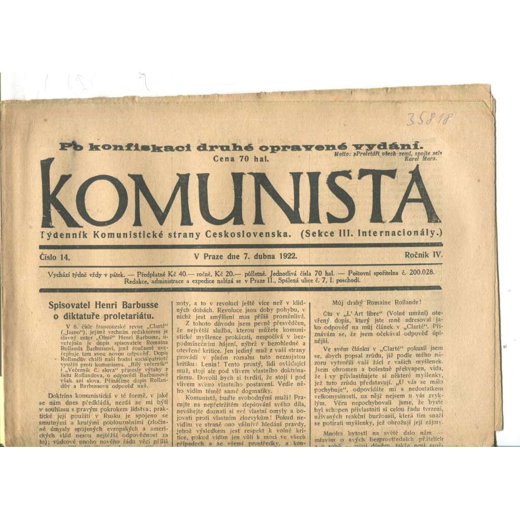 Komunista (7.4.1922) - staré noviny, 1. republika