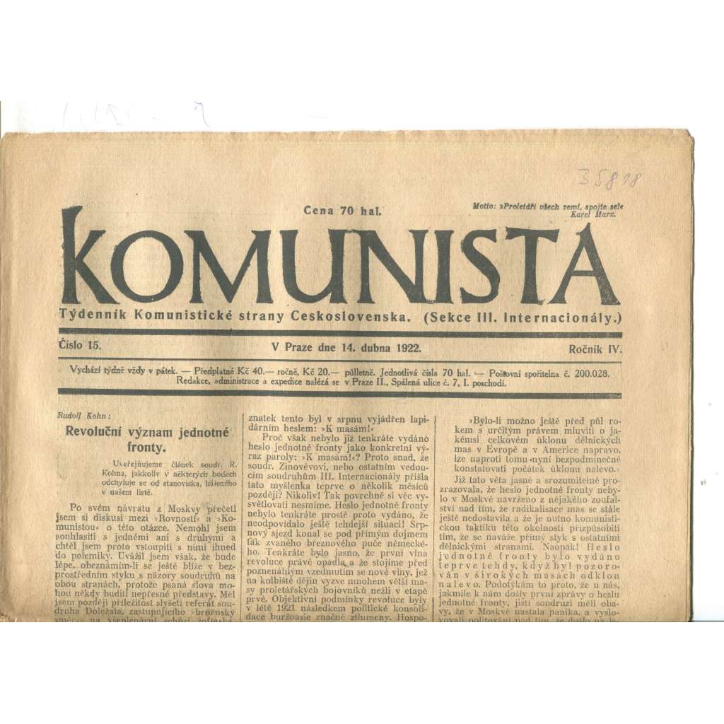 Komunista (14.4.1922) - staré noviny, 1. republika