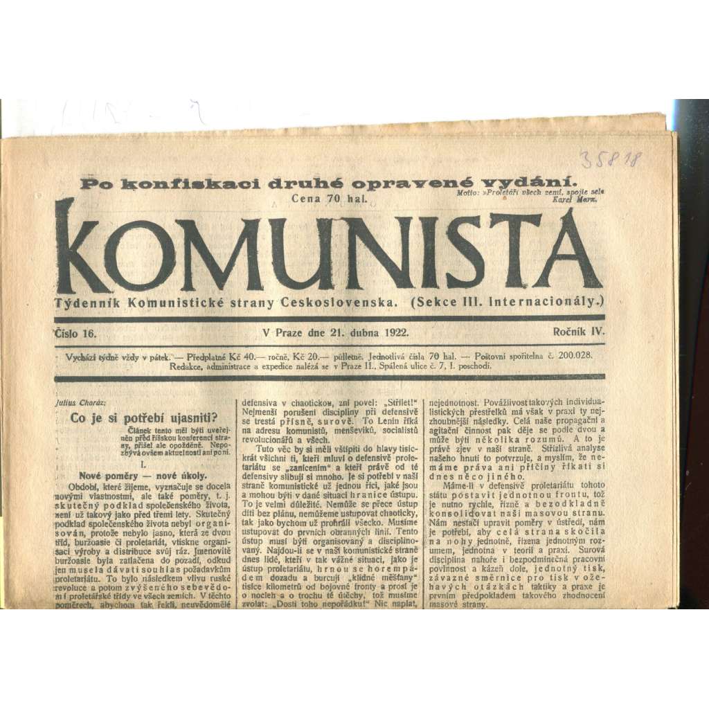 Komunista (21.4.1922) - staré noviny, 1. republika