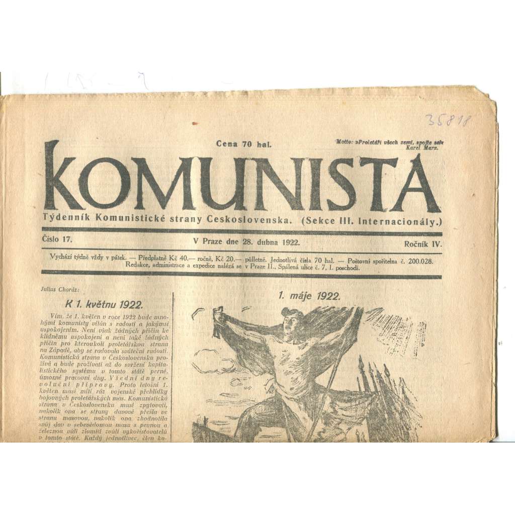 Komunista (28.4.1922) - staré noviny, 1. republika