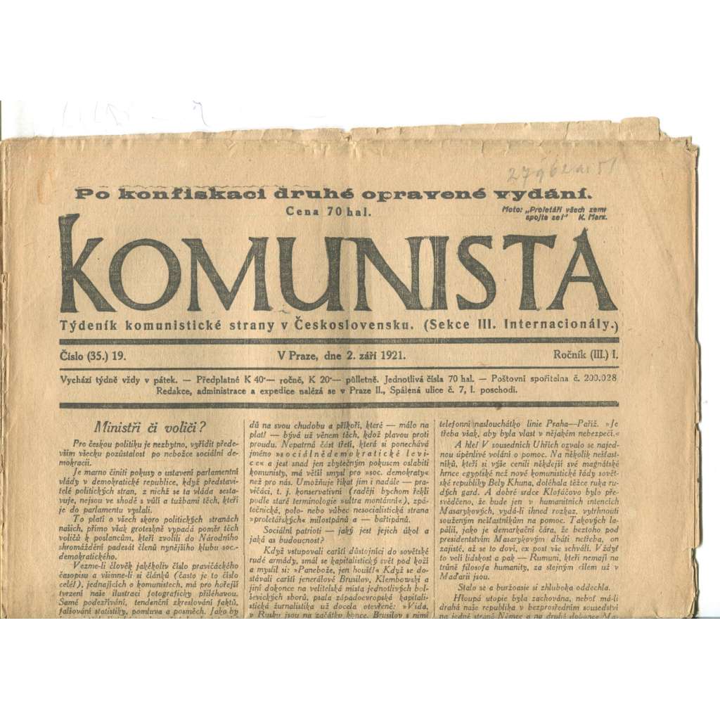 Komunista (2.9.1921) - staré noviny, 1. republika