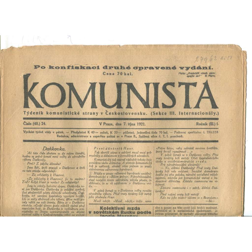 Komunista (7.10.1921) - staré noviny, 1. republika