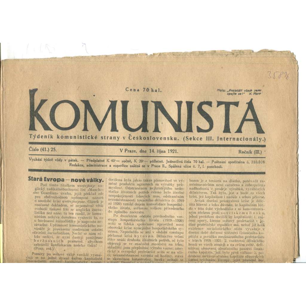 Komunista (14.10.1921) - staré noviny, 1. republika