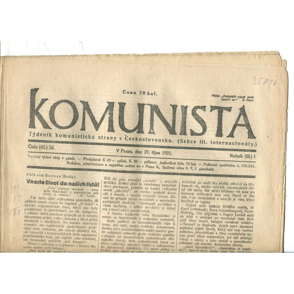 Komunista (21.10.1921) - staré noviny, 1. republika