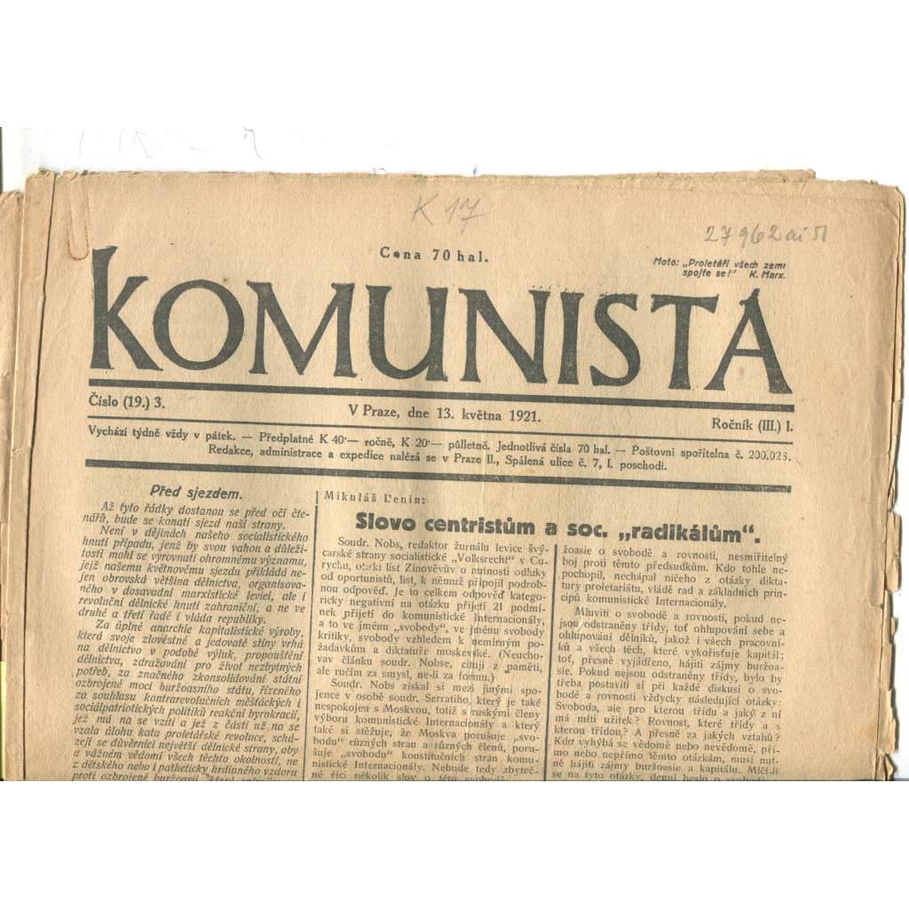 Komunista (13.5.1921) - staré noviny, 1. republika