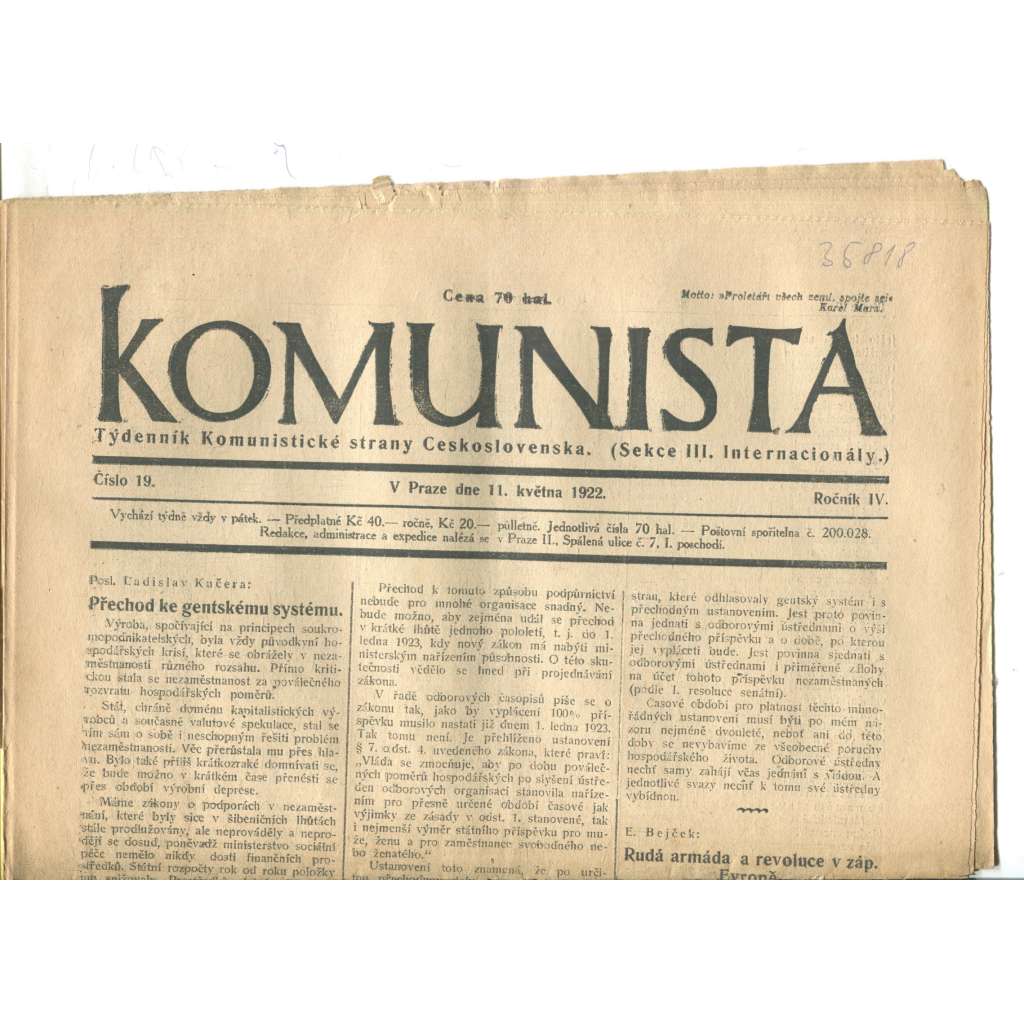 Komunista (11.5.1922) - staré noviny, 1. republika