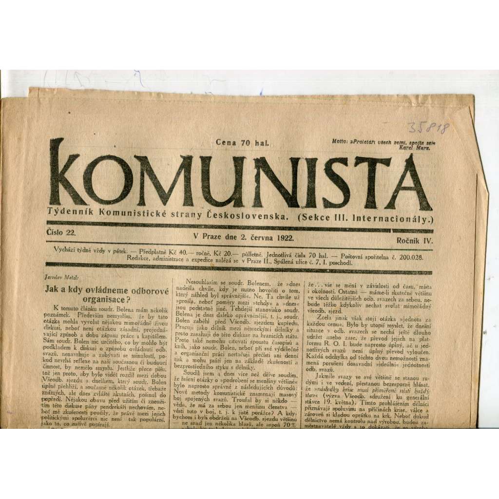 Komunista (2.6.1922) - staré noviny, 1. republika