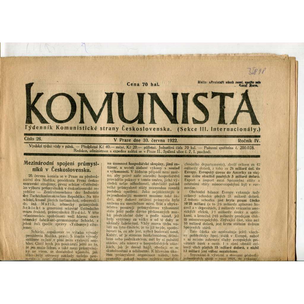 Komunista (30.6.1922) - staré noviny, 1. republika