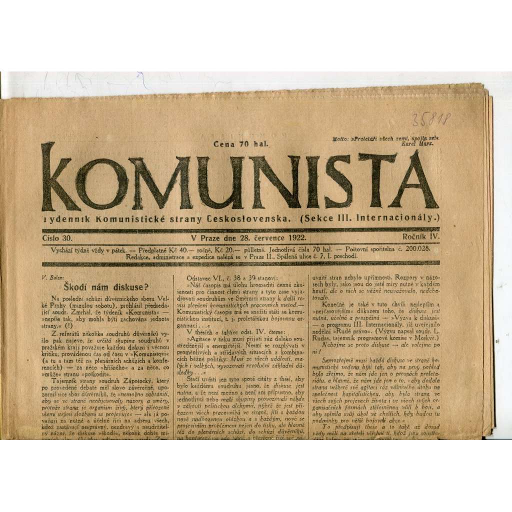 Komunista (28.7.1922) - staré noviny, 1. republika