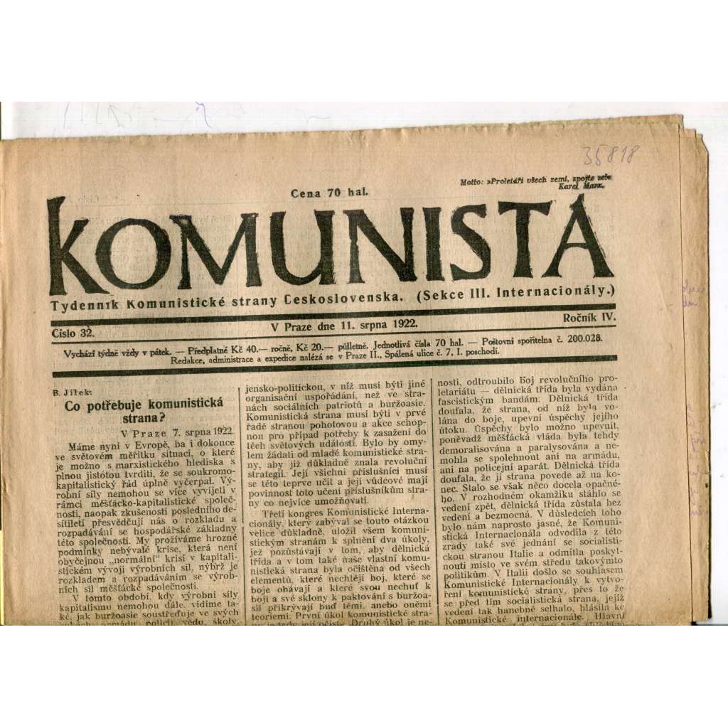 Komunista (11.8.1922) - staré noviny, 1. republika