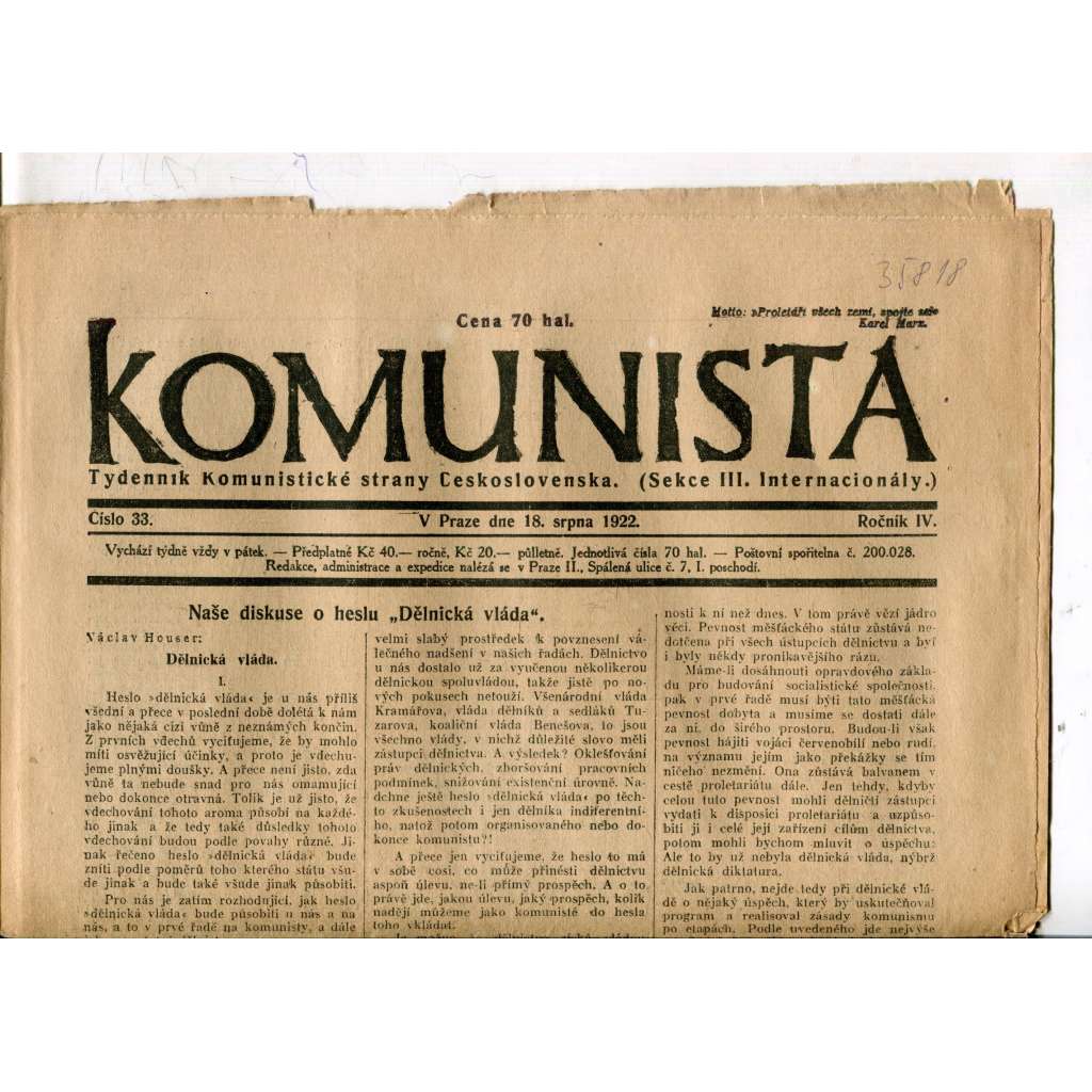 Komunista (18.8.1922) - staré noviny, 1. republika
