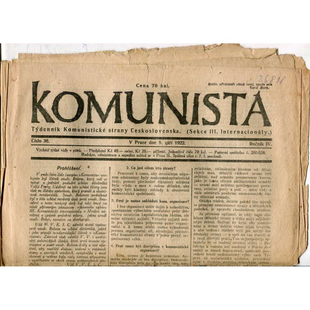 Komunista (8.9.1922) - staré noviny, 1. republika