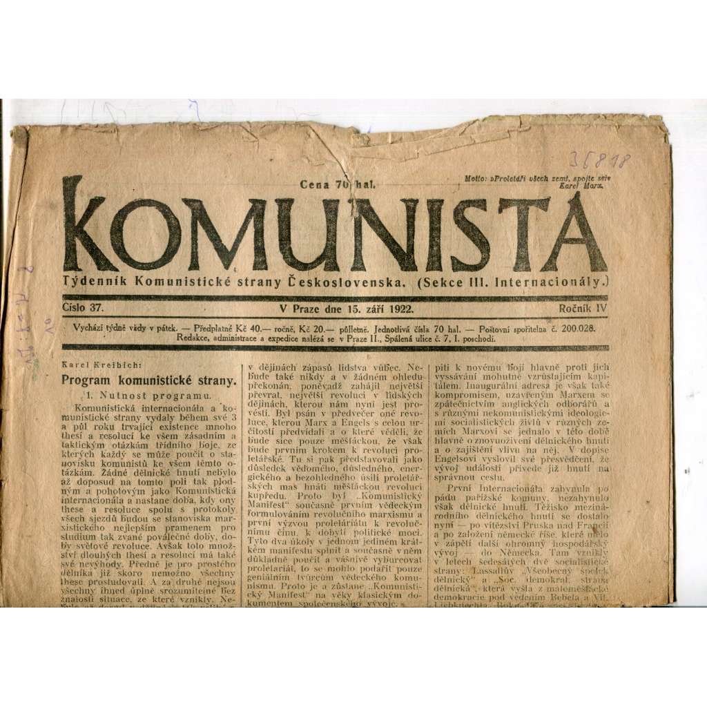 Komunista (15.9.1922) - staré noviny, 1. republika