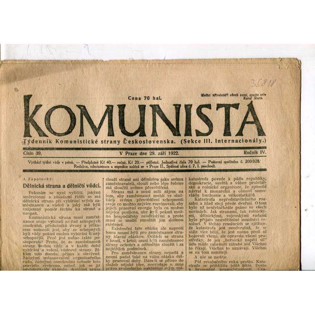Komunista (29.9.1922) - staré noviny, 1. republika