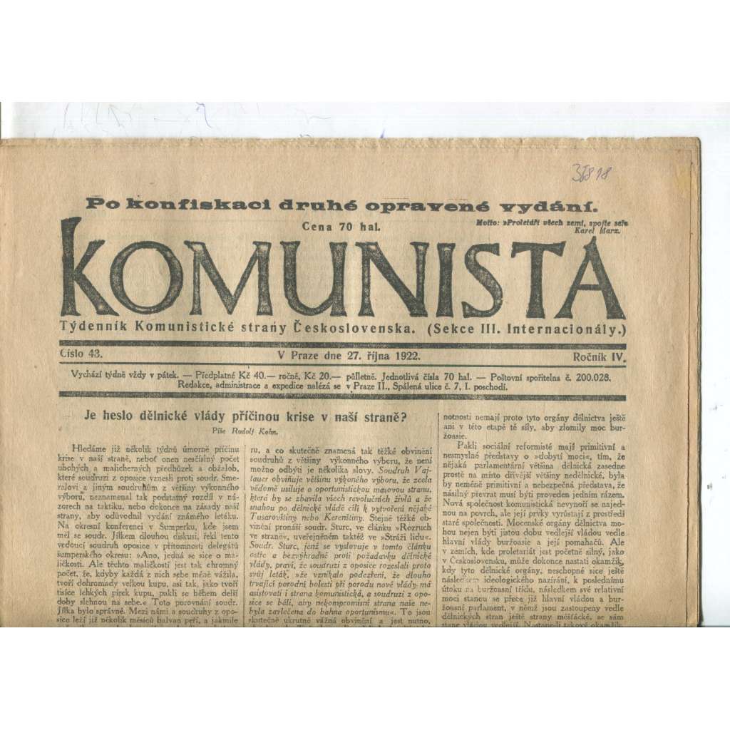 Komunista (27.10.1922) - staré noviny, 1. republika