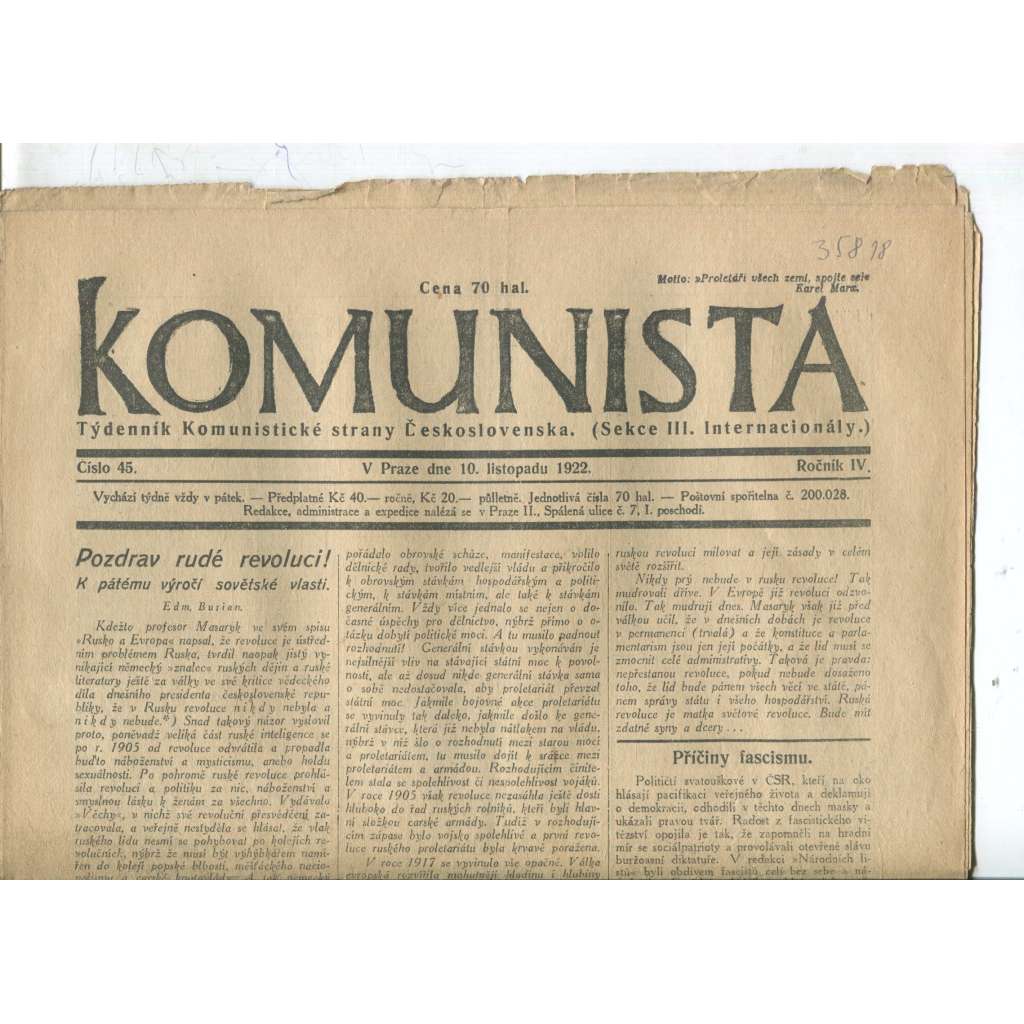 Komunista (10.11.1922) - staré noviny, 1. republika