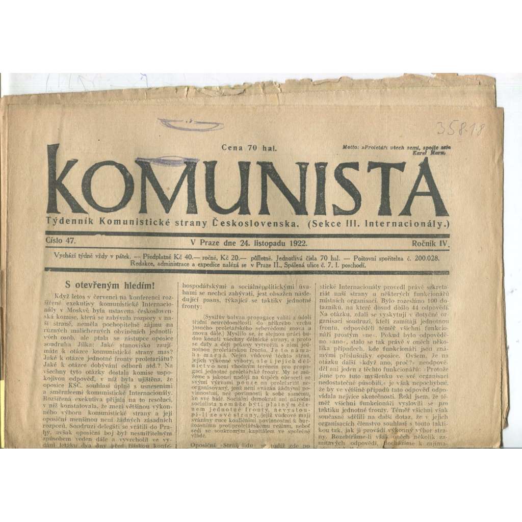 Komunista (24.11.1922) - staré noviny, 1. republika