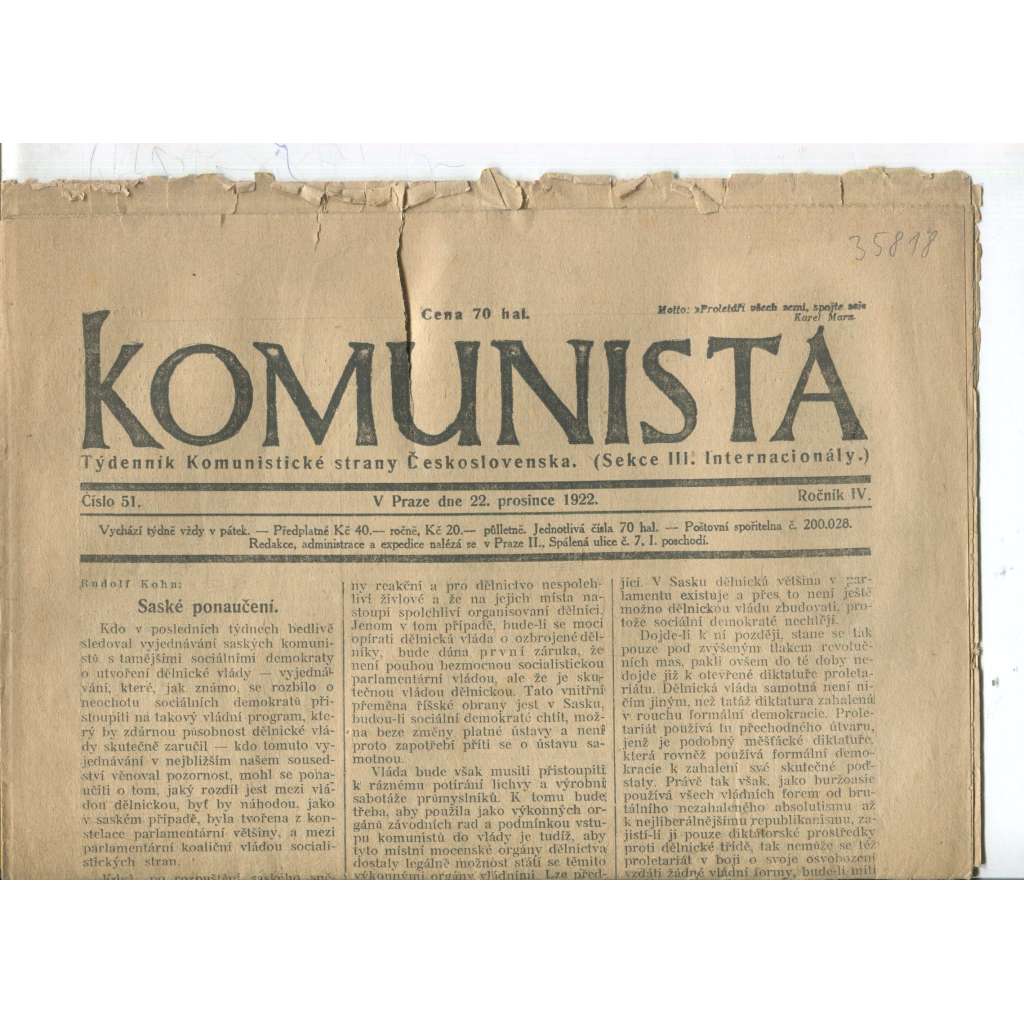 Komunista (22.12.1922) - staré noviny, 1. republika