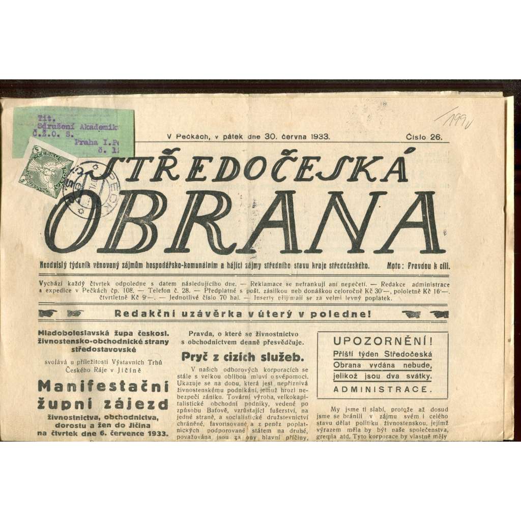 Středočeská obrana (30.6.1933) - staré noviny, 1. republika