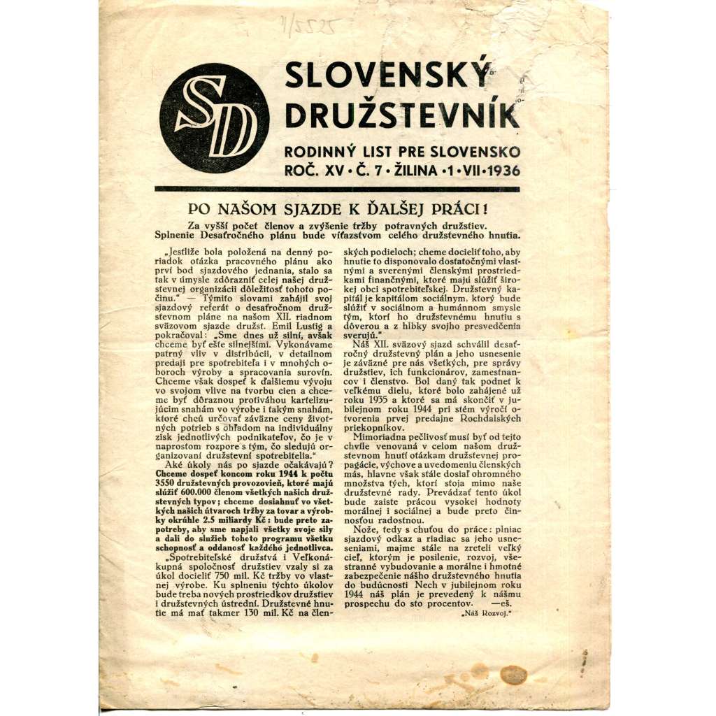 Slovenský družstevník. Rodinný list pre Slovensko (1.7.1936) - staré noviny, 1. republika, text slovensky