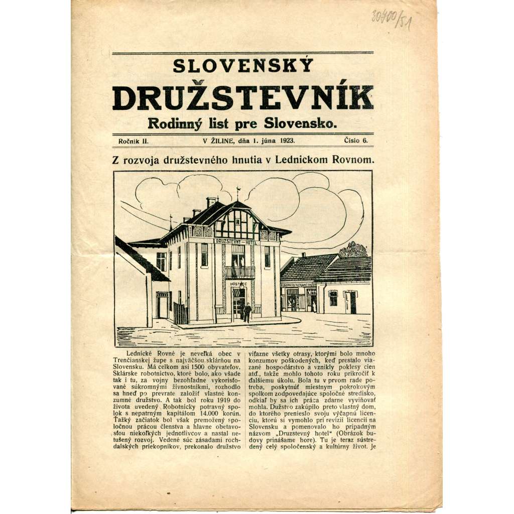 Slovenský družstevník. Rodinný list pre Slovensko (1.6.1923) - staré noviny, 1. republika, text slovensky