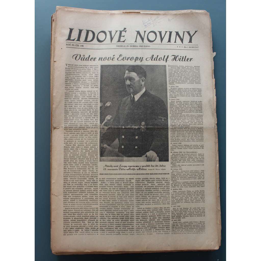 Lidové noviny 1942, roč. 50 (protektorát, propaganda, druhá světová válka, mj. Vůdce nové Evropy Adolf Hitler, Tisíce pum na Stalingrad, Boj v troskách Stalingradu, Vůdcův projev, Nábřezí R. Heydricha slavnostně zasvěceno) - konvolut  cca 60 čísel