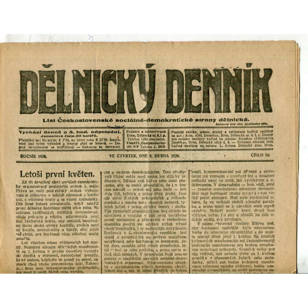 Dělnický denník (8.4.1920) 1. republika, staré noviny