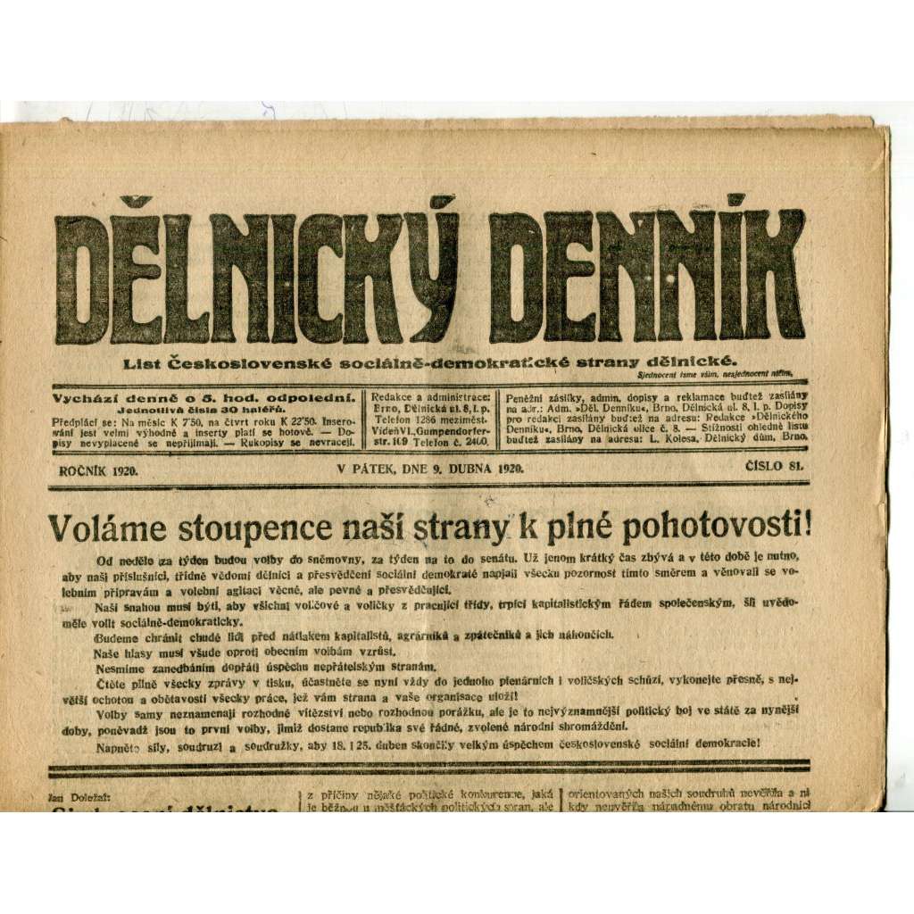 Dělnický denník (9.4.1920) 1. republika, staré noviny