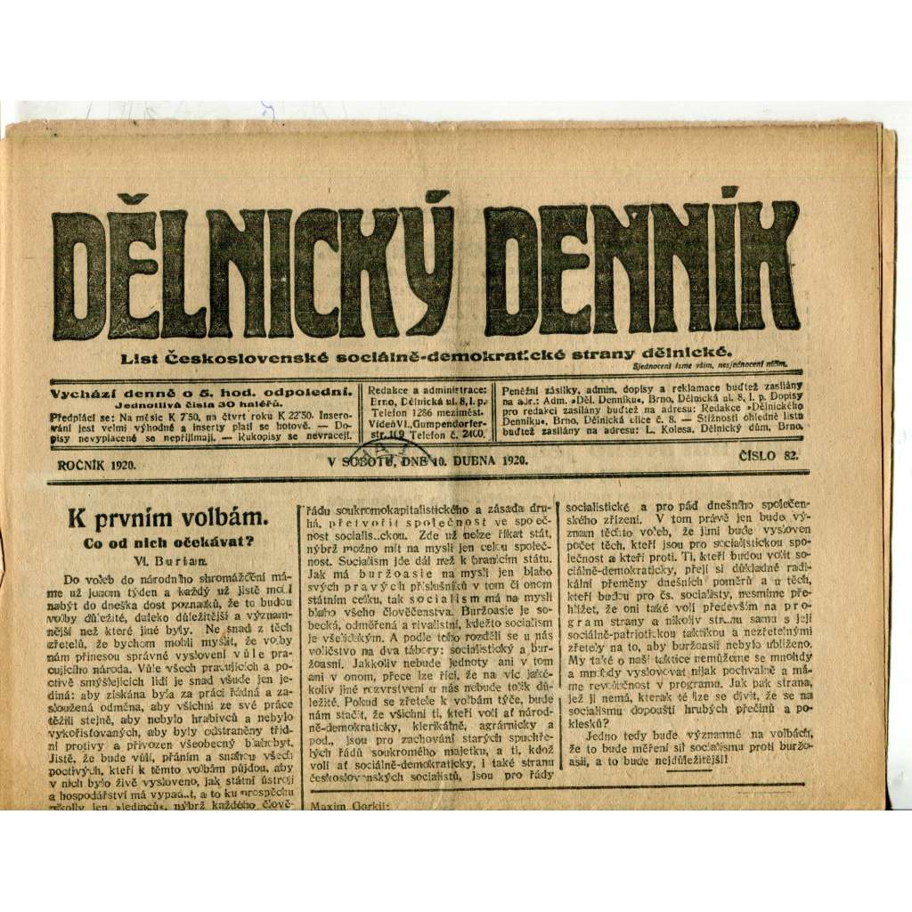 Dělnický denník (10.4.1920) 1. republika, staré noviny