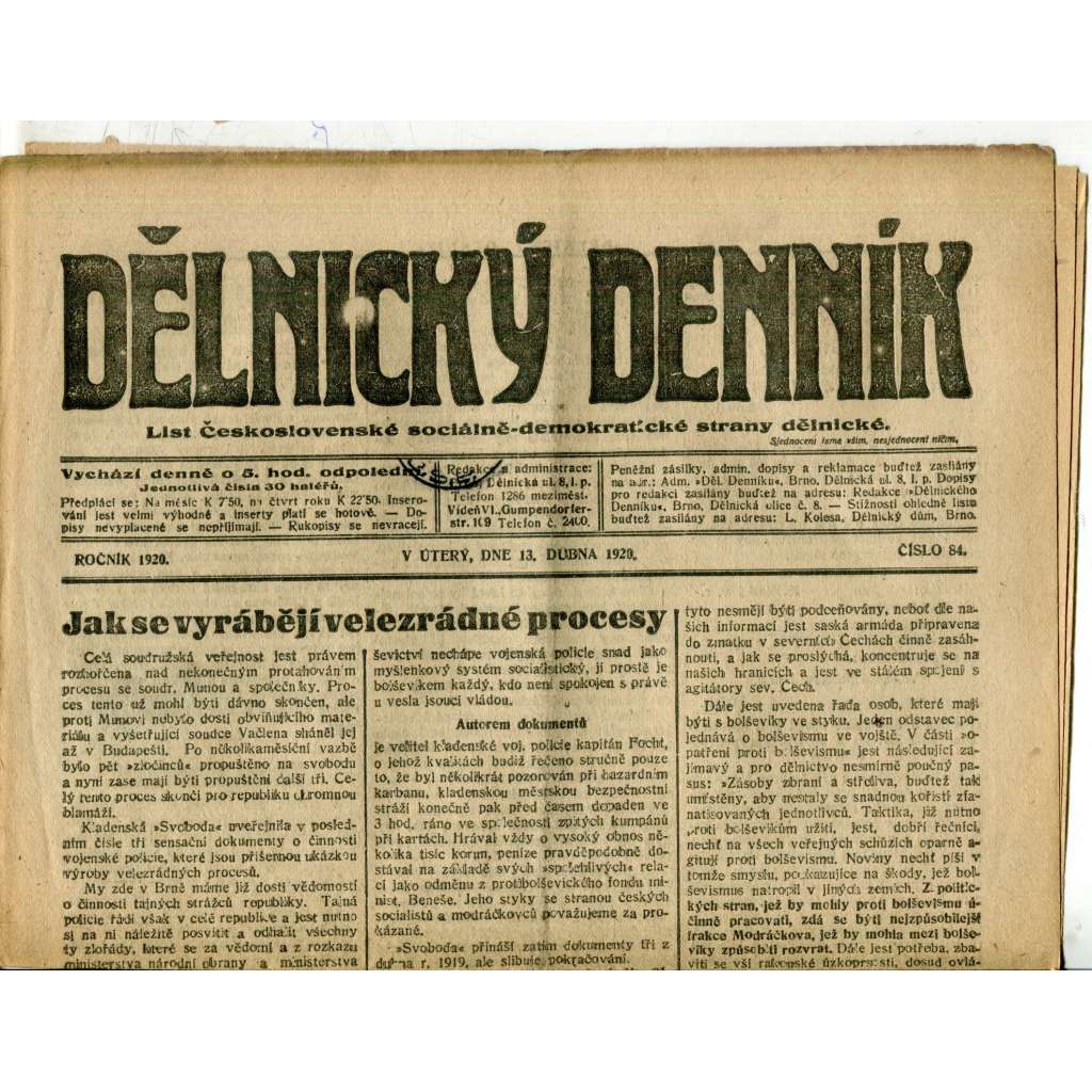 Dělnický denník (13.4.1920) 1. republika, staré noviny