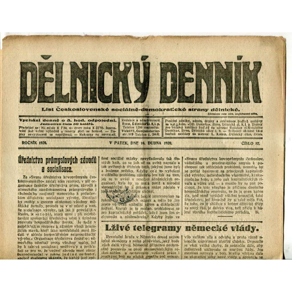 Dělnický denník (16.4.1920) 1. republika, staré noviny