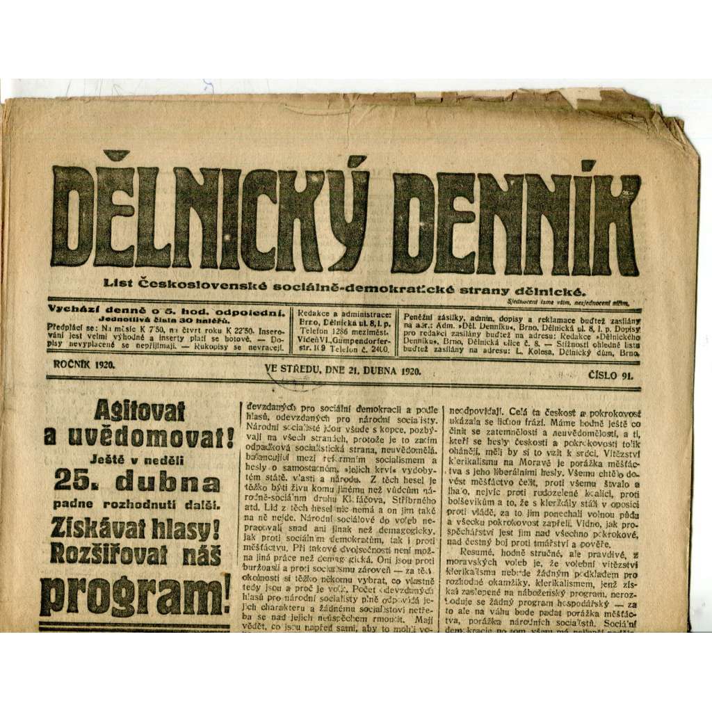 Dělnický denník (21.4.1920) 1. republika, staré noviny