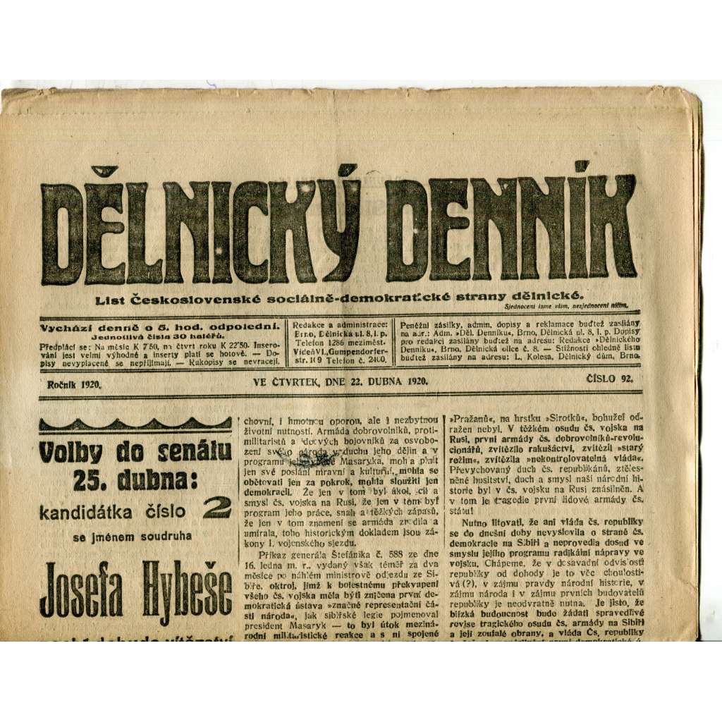 Dělnický denník (22.4.1920) 1. republika, staré noviny