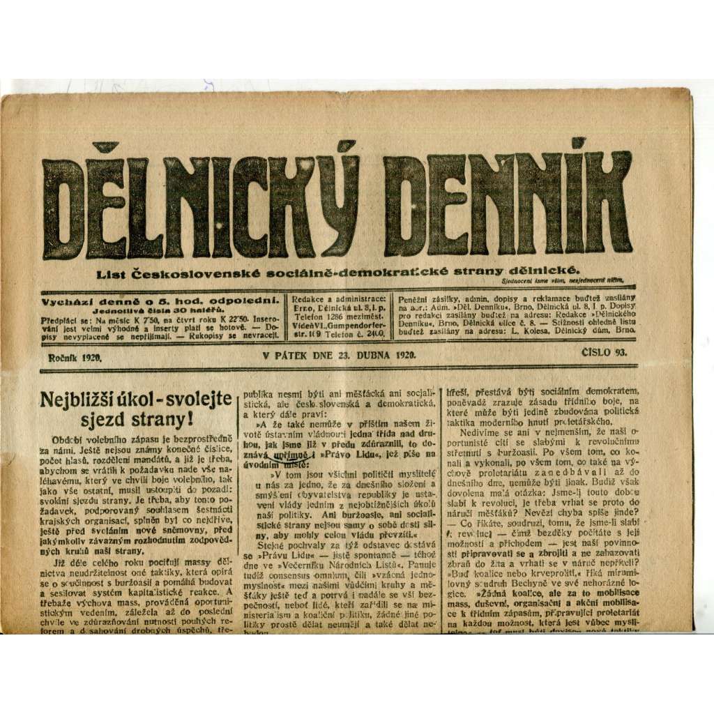 Dělnický denník (23.4.1920) 1. republika, staré noviny