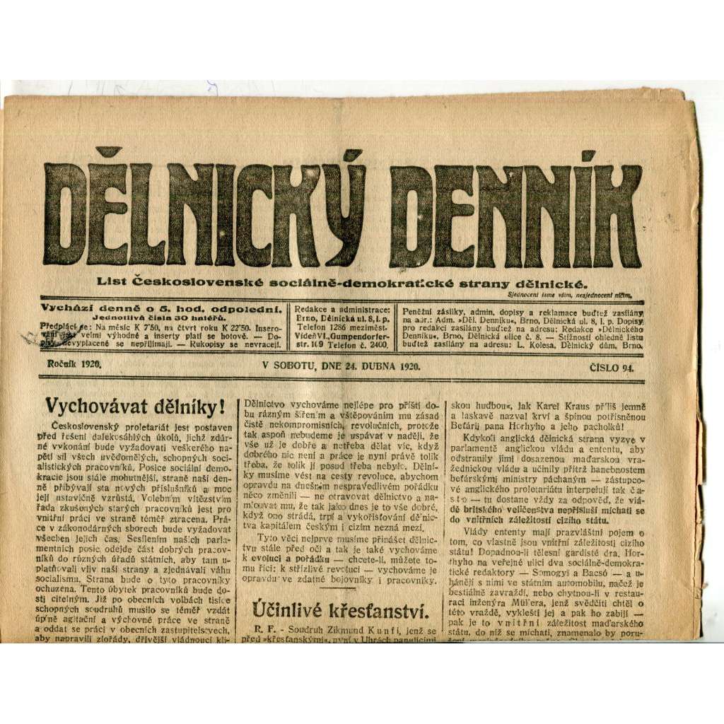 Dělnický denník (24.4.1920) 1. republika, staré noviny