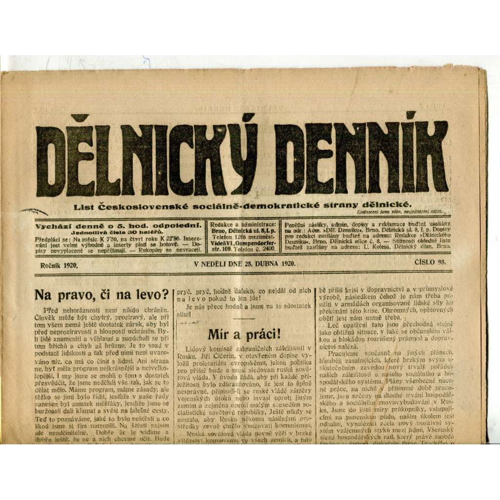 Dělnický denník (25.4.1920) 1. republika, staré noviny