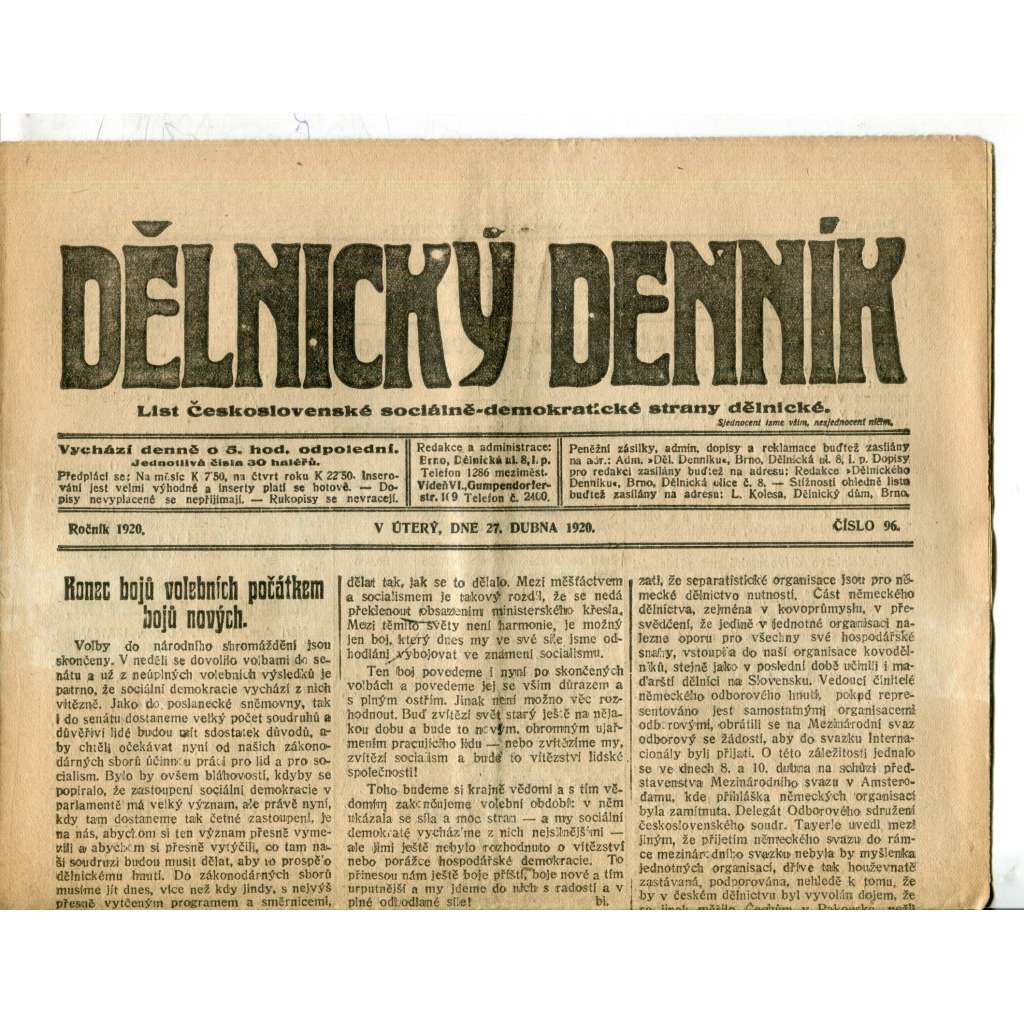 Dělnický denník (27.4.1920) 1. republika, staré noviny