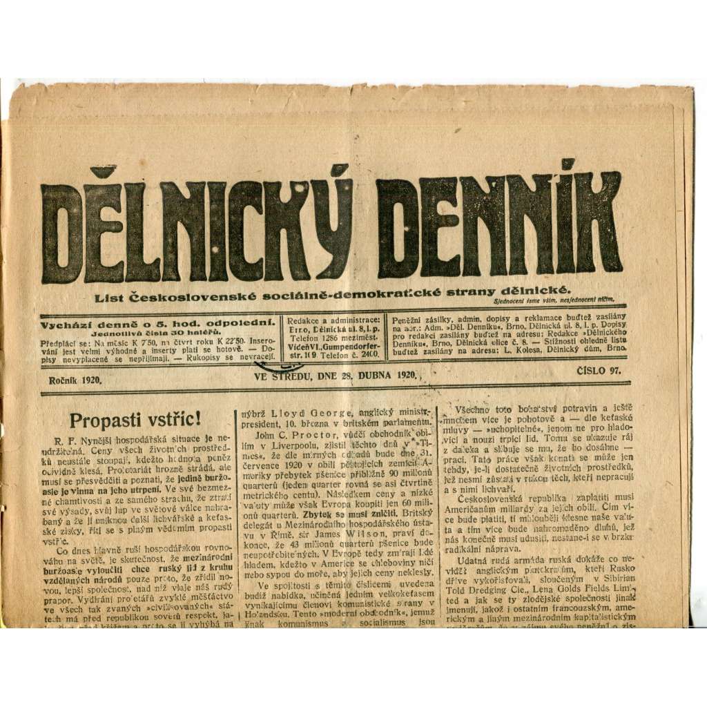 Dělnický denník (28.4.1920) 1. republika, staré noviny