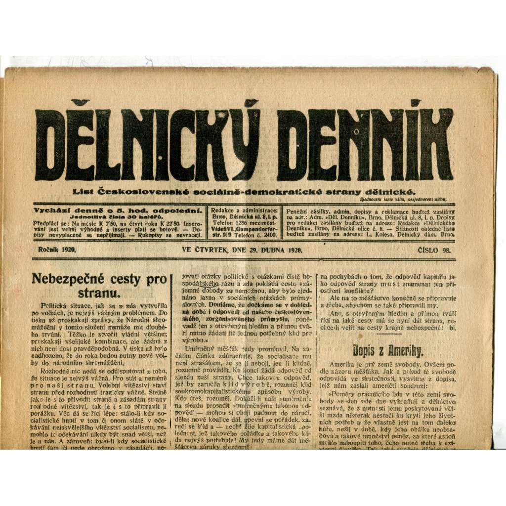 Dělnický denník (29.4.1920) 1. republika, staré noviny
