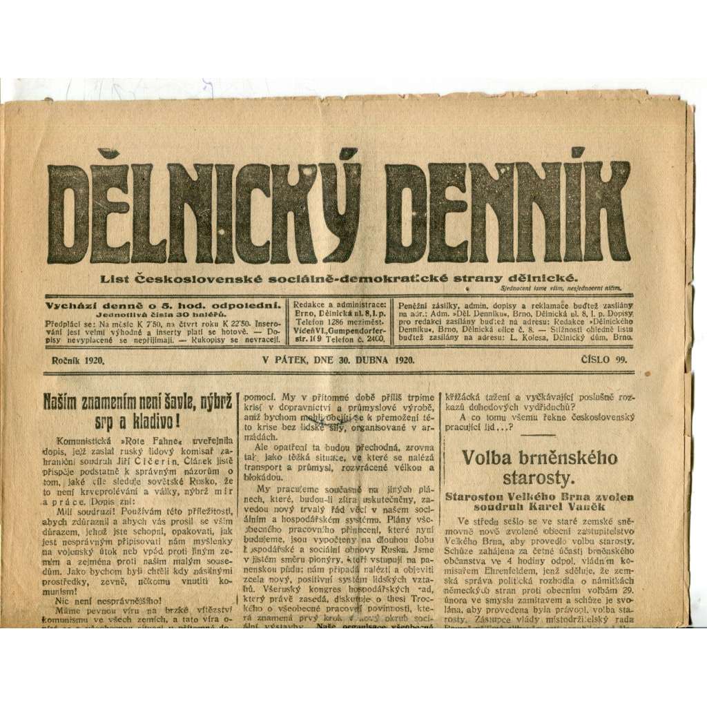 Dělnický denník (30.4.1920) 1. republika, staré noviny
