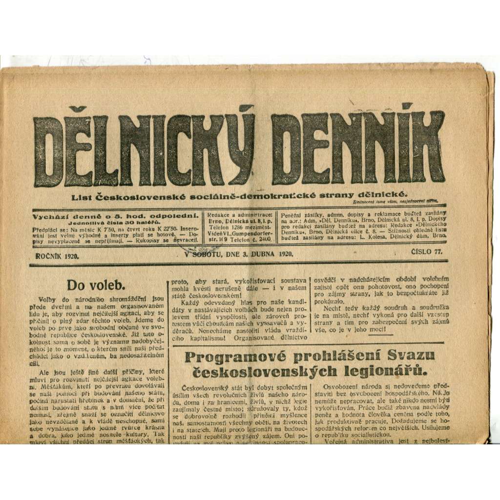 Dělnický denník (3.4.1920) 1. republika, staré noviny