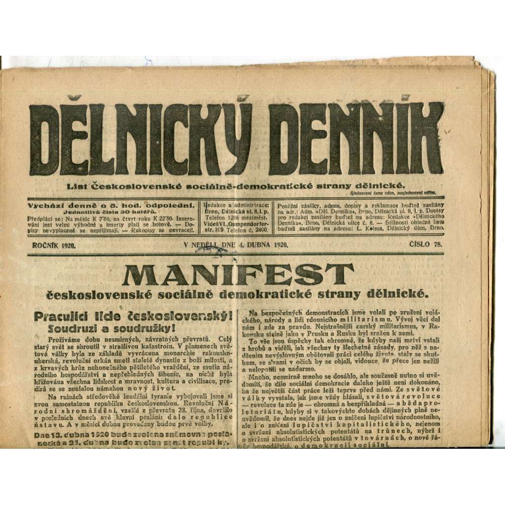 Dělnický denník (4.4.1920) 1. republika, staré noviny