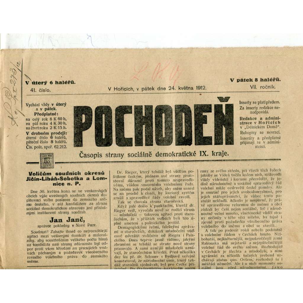 Pochodeň. Časopis strany sociálně demokratické (24.5.1912) - staré noviny